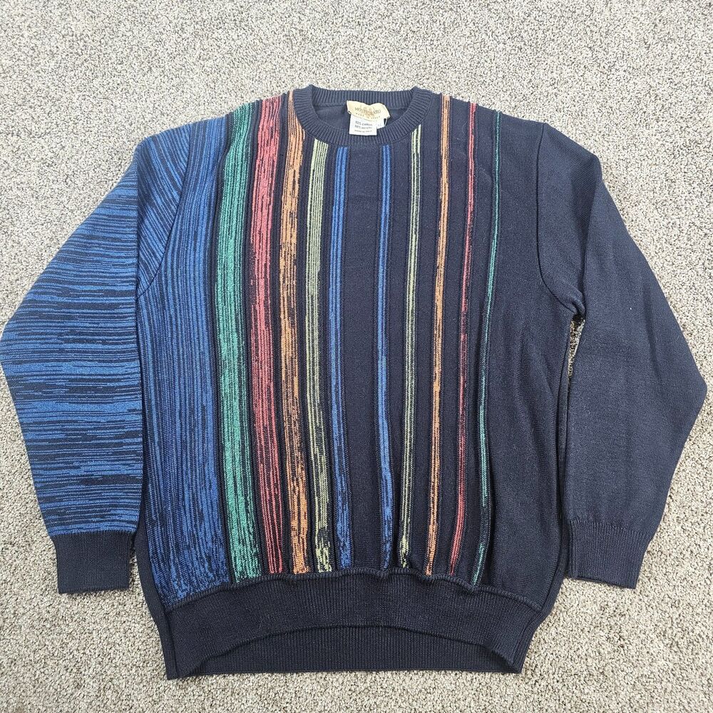Montechiaro Sweater Mens L Black Colorful Striped Crewneck Italian Textured Y2K